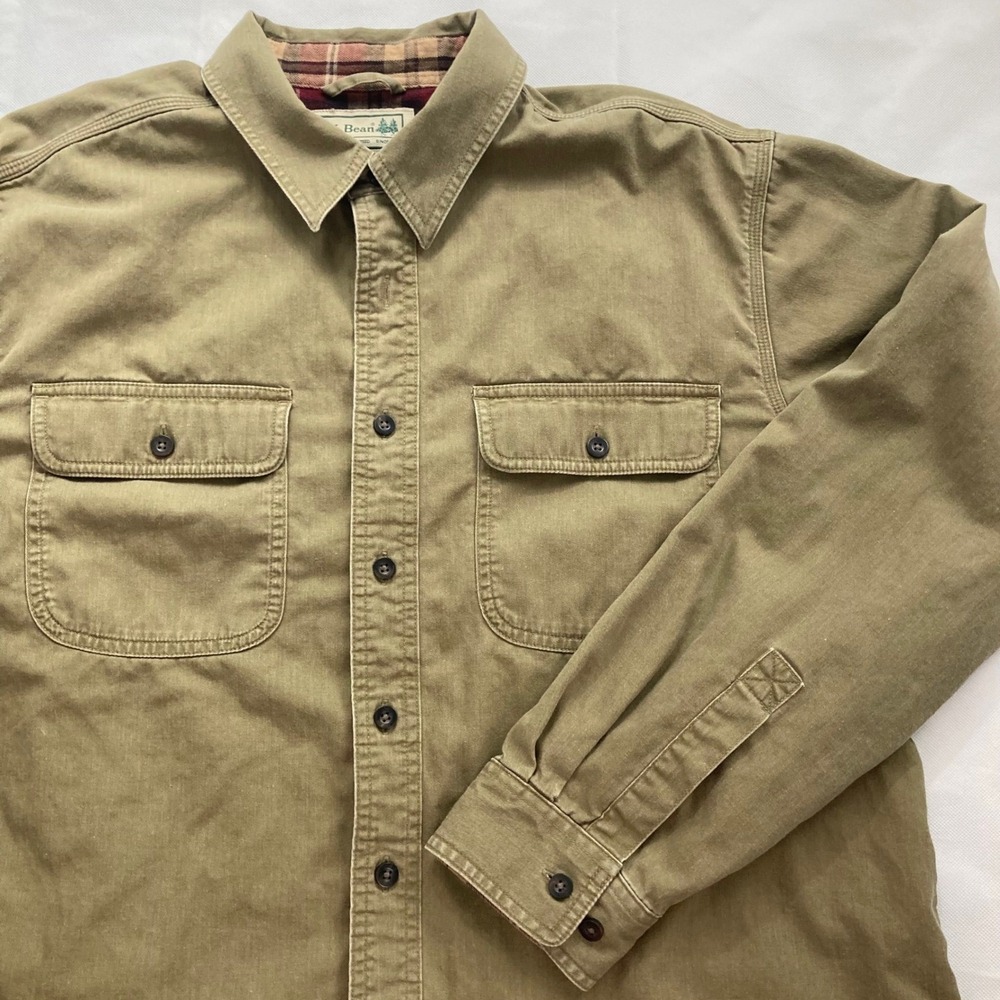 Vintage LL Bean Plaid Flannel Lined Shirt Jacket Mens Large Green Cotton Canvas